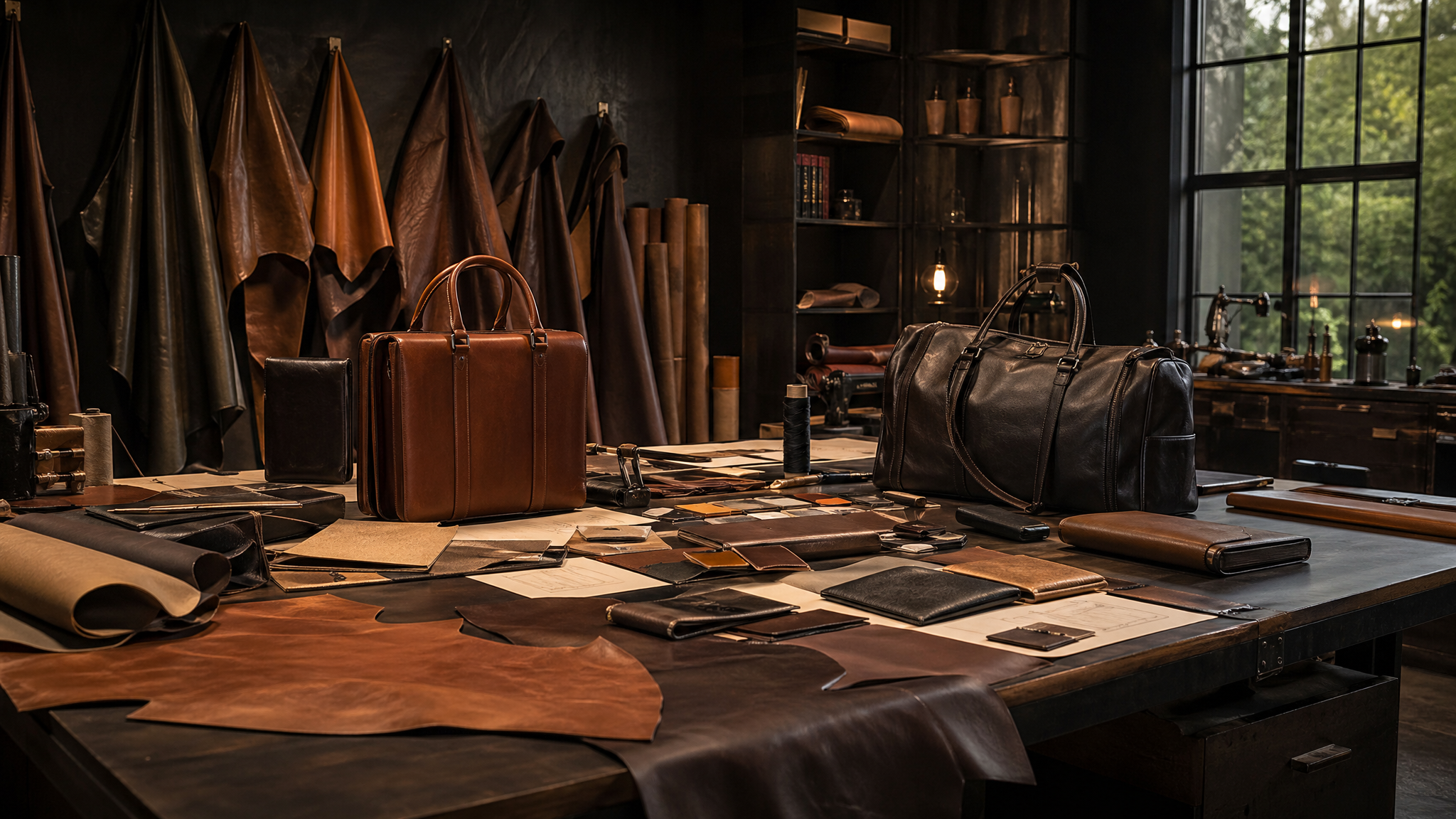 Premium leather goods workshop table with bags, wallets and material samples