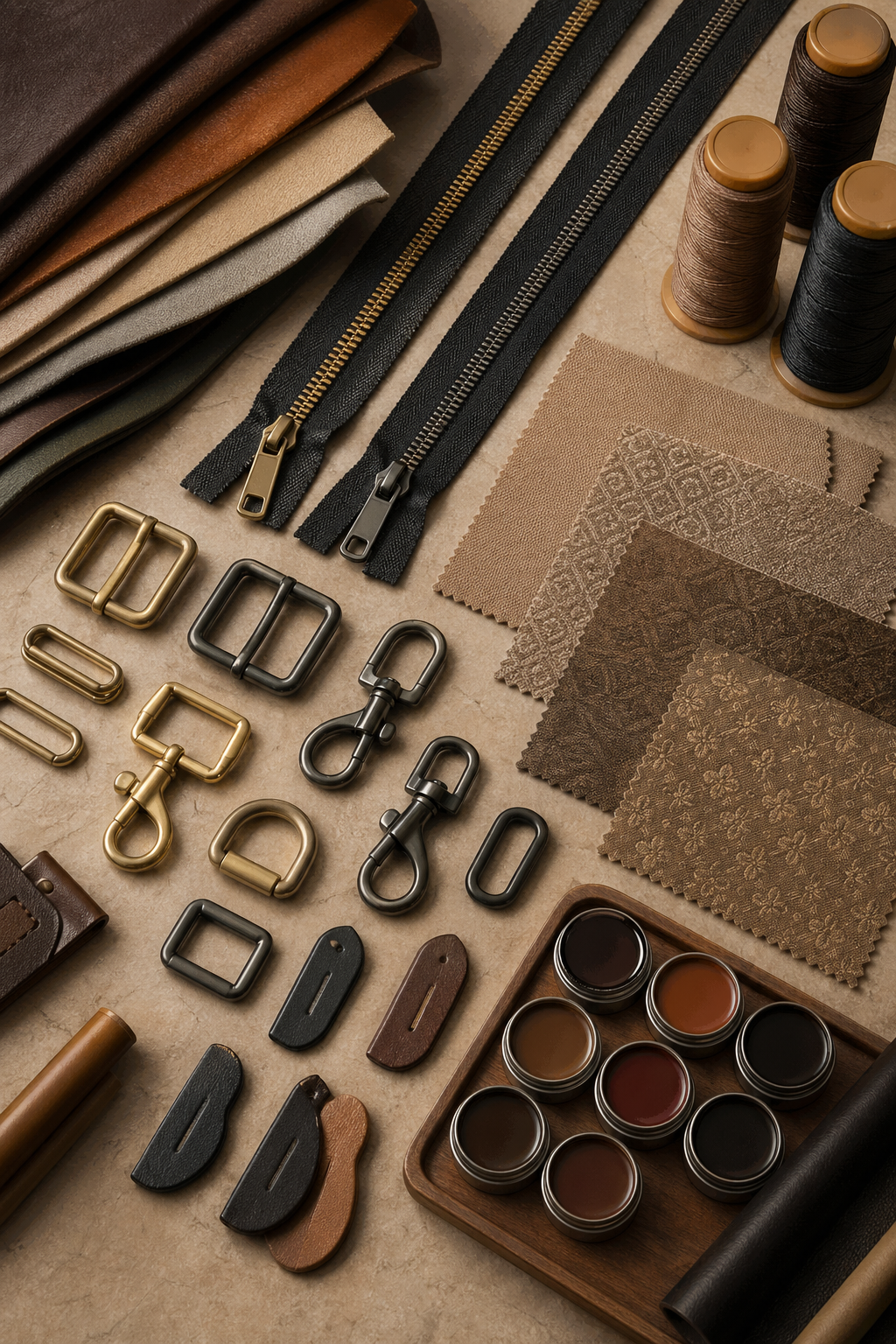 Leather goods components including zippers, fittings, linings and hardware
