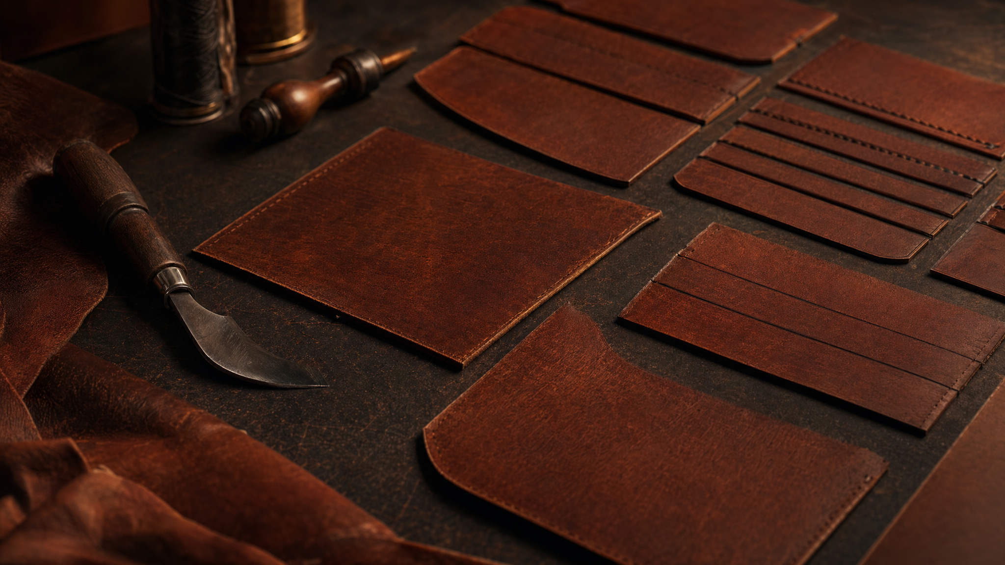 Leather cutting on an atelier workbench
