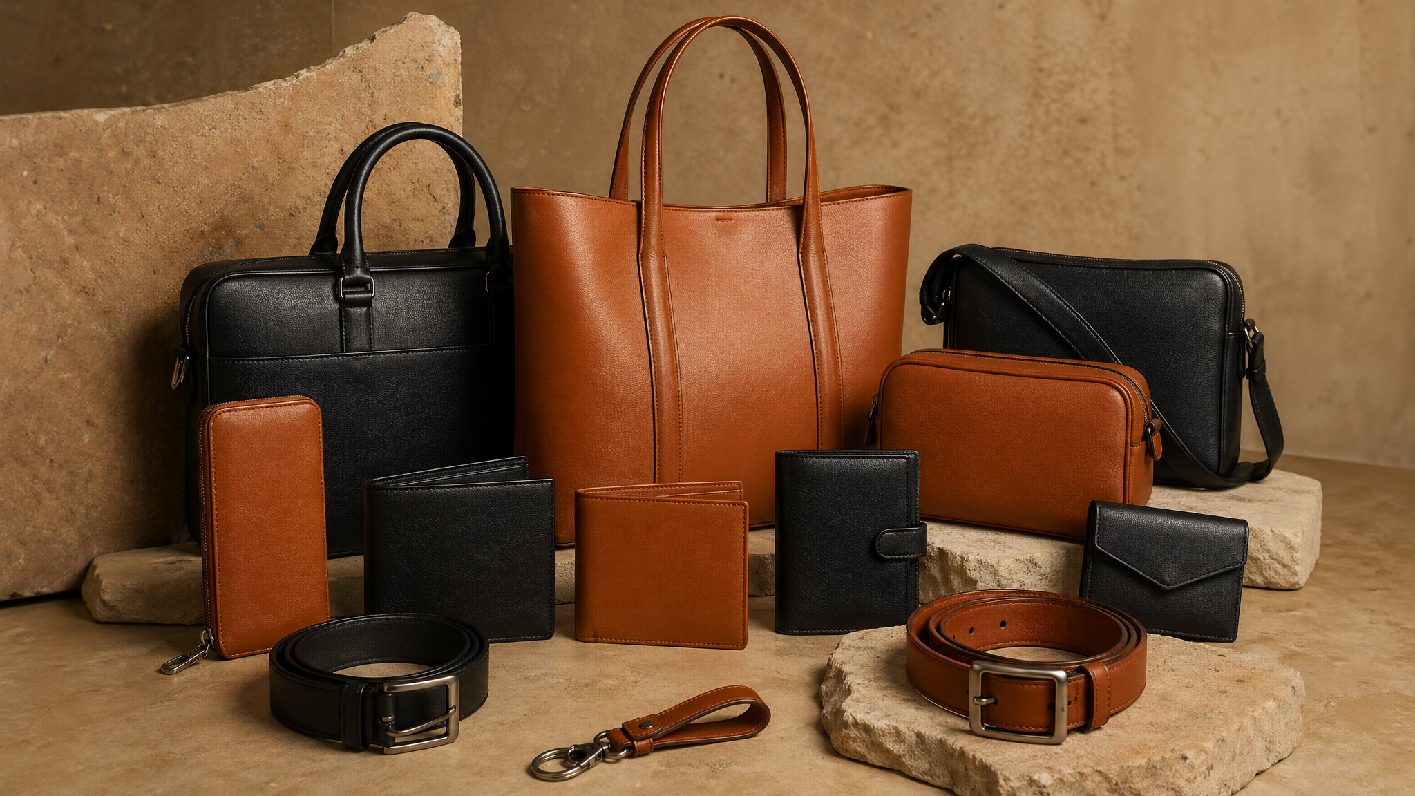 Premium leather goods collection arranged for buyer presentation