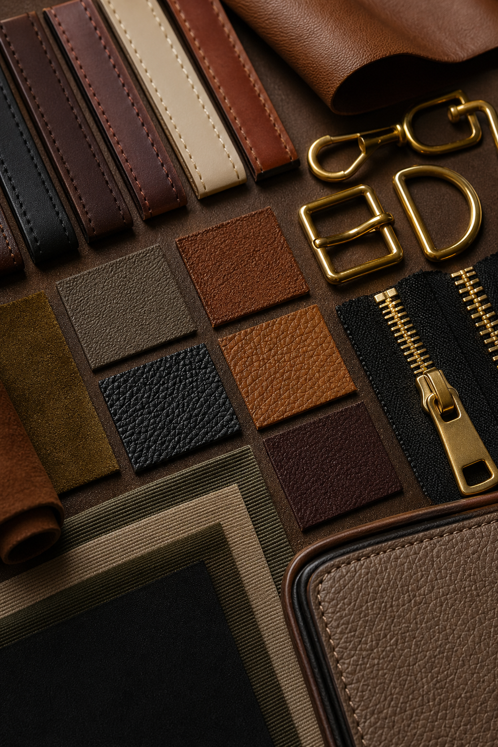 Leather stitching, edge finishing, hardware and material detail board