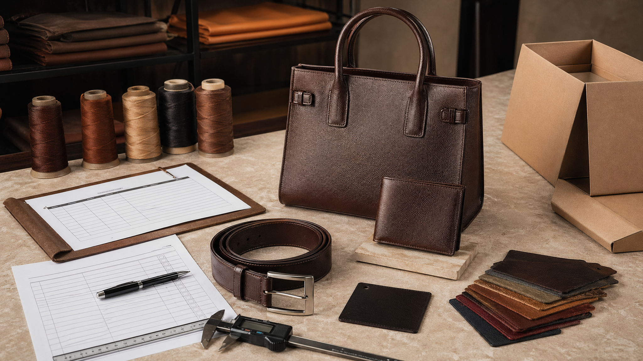 Leather goods inspection table with finished products, hardware and packing details